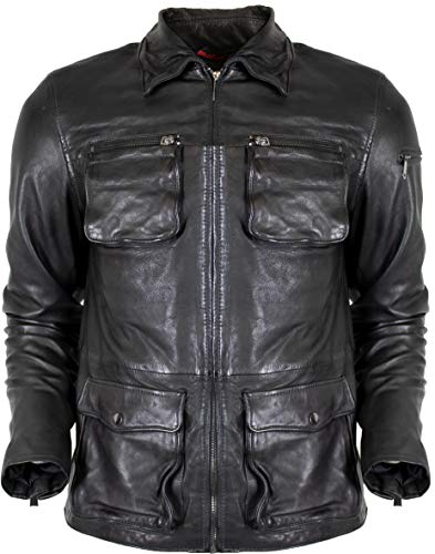 41bkfu8ebol.jpg MDM Herren Motojacke in Schwarz mit Echtem Leder | MDM Herren Biker Lederjacke Braun Vintage Kragen | MDM Männer Echtes
